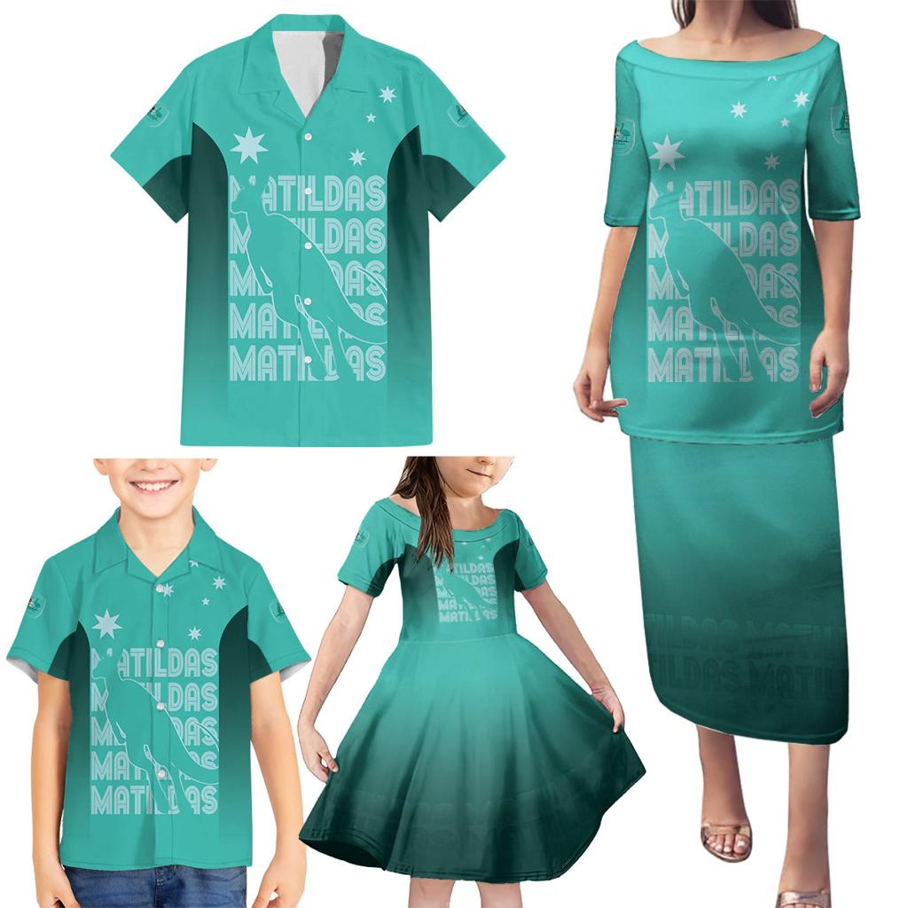 Australia Soccer Matildas Custom Family Matching Puletasi and Hawaiian Shirt Turquoise Basic Gradient
