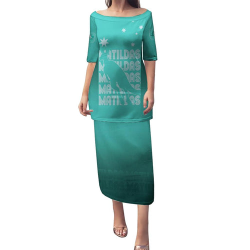 Australia Soccer Matildas Custom Family Matching Puletasi and Hawaiian Shirt Turquoise Basic Gradient