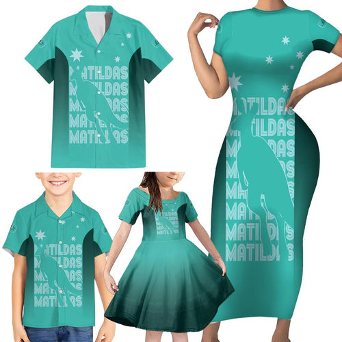 Australia Soccer Matildas Custom Family Matching Short Sleeve Bodycon Dress and Hawaiian Shirt Turquoise Basic Gradient