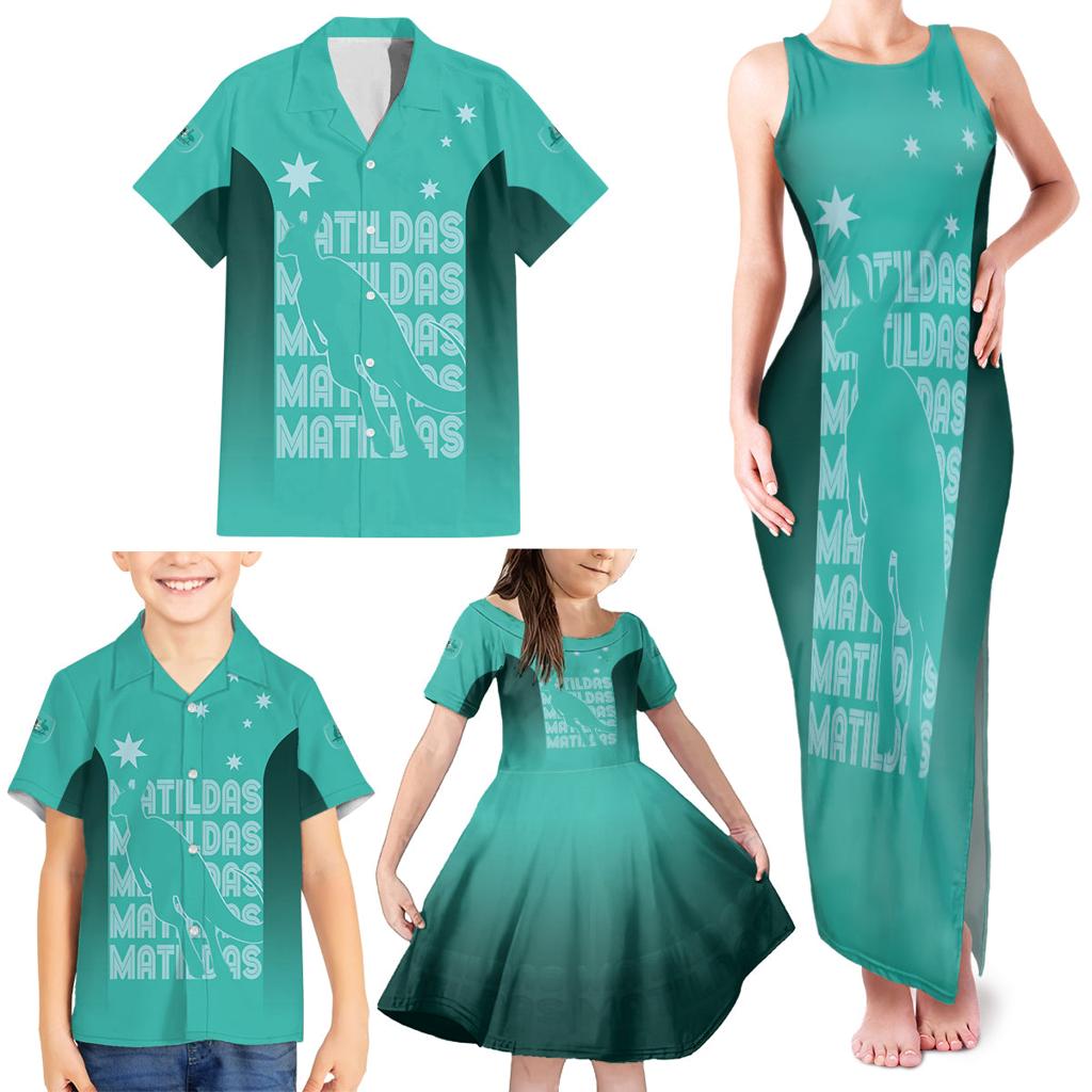 Australia Soccer Matildas Custom Family Matching Tank Maxi Dress and Hawaiian Shirt Turquoise Basic Gradient