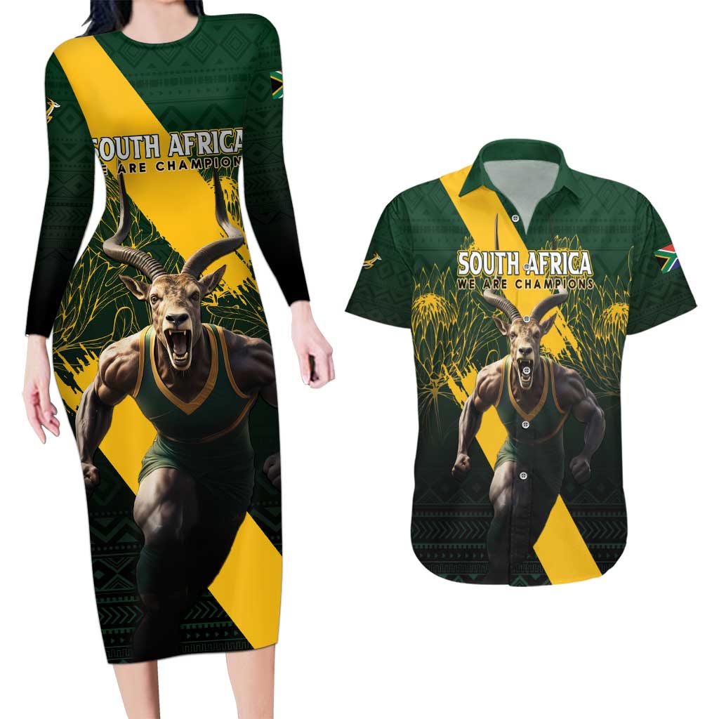 Personalised South Africa Rugby Couples Matching Long Sleeve Bodycon Dress and Hawaiian Shirt Proud Bokke We Are Champions