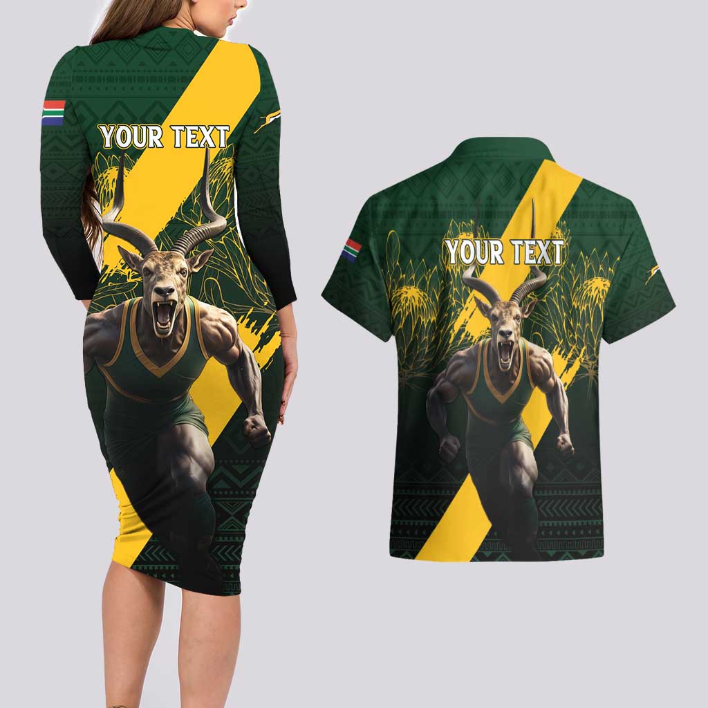 Personalised South Africa Rugby Couples Matching Long Sleeve Bodycon Dress and Hawaiian Shirt Proud Bokke We Are Champions