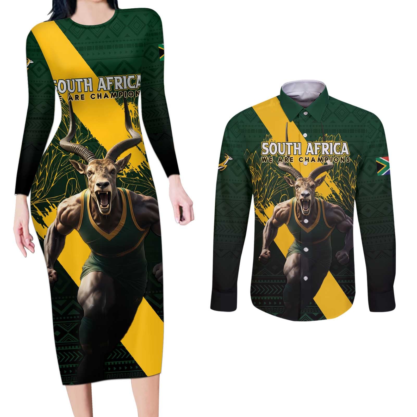Personalised South Africa Rugby Couples Matching Long Sleeve Bodycon Dress and Long Sleeve Button Shirt Proud Bokke We Are Champions