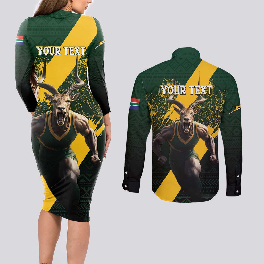 Personalised South Africa Rugby Couples Matching Long Sleeve Bodycon Dress and Long Sleeve Button Shirt Proud Bokke We Are Champions