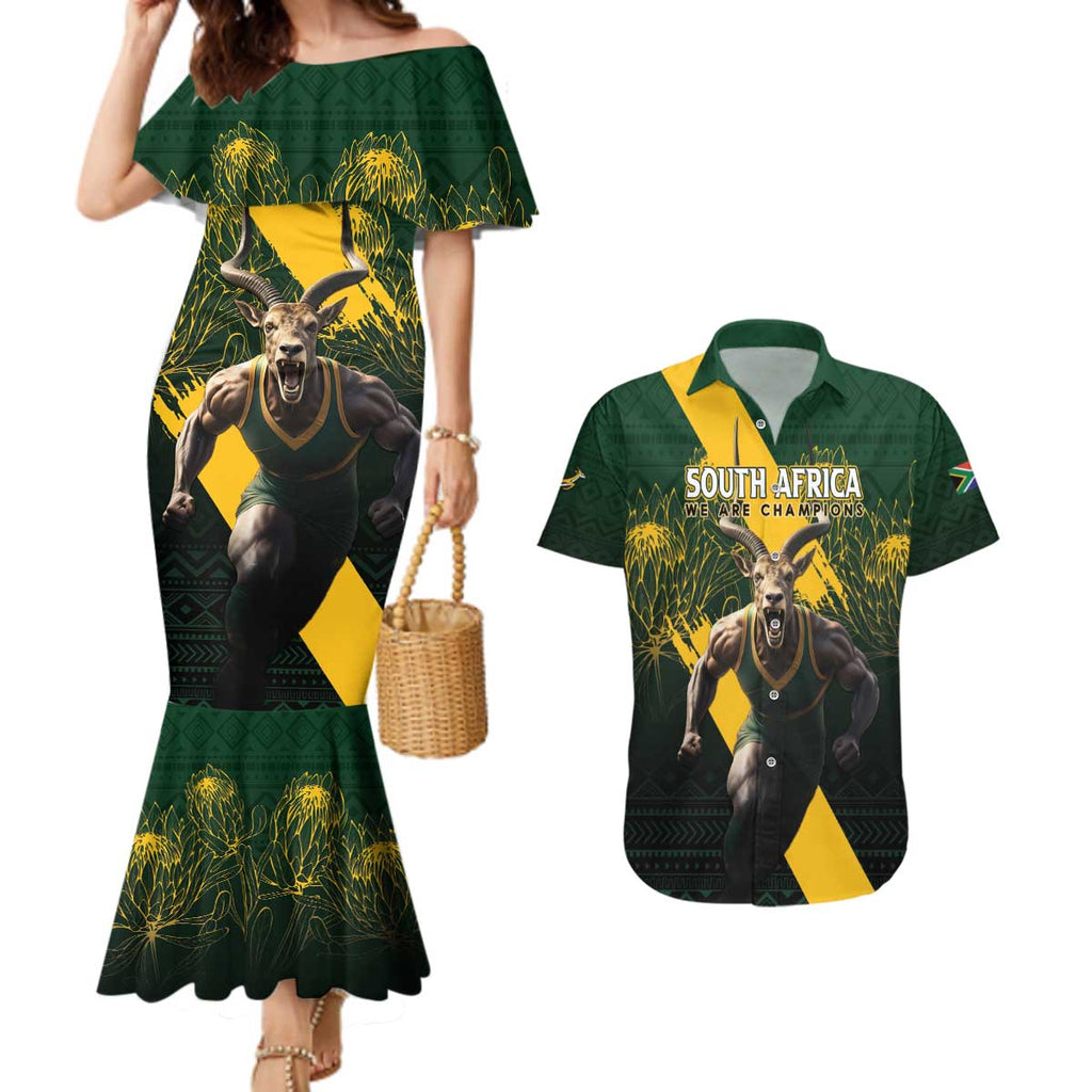 Personalised South Africa Rugby Couples Matching Mermaid Dress and Hawaiian Shirt Proud Bokke We Are Champions