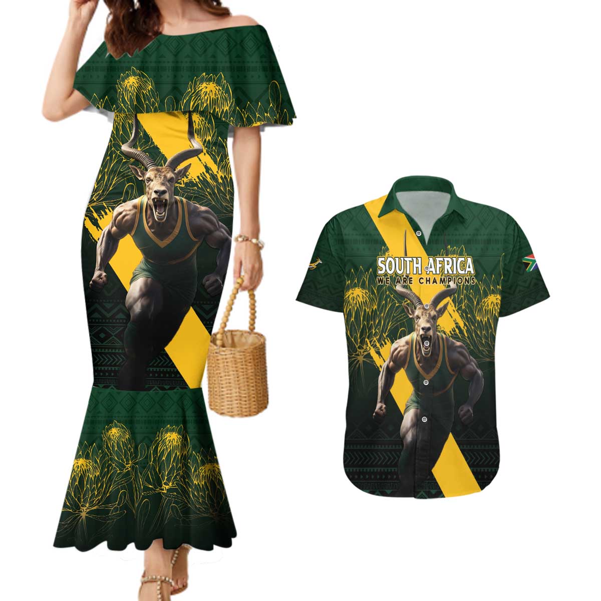 Personalised South Africa Rugby Couples Matching Mermaid Dress and Hawaiian Shirt Proud Bokke We Are Champions
