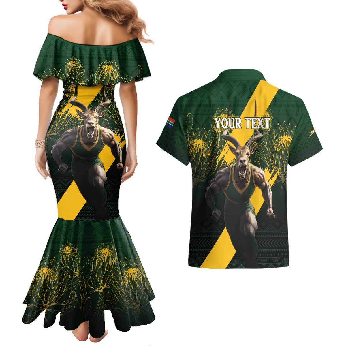 Personalised South Africa Rugby Couples Matching Mermaid Dress and Hawaiian Shirt Proud Bokke We Are Champions