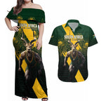 Personalised South Africa Rugby Couples Matching Off Shoulder Maxi Dress and Hawaiian Shirt Proud Bokke We Are Champions