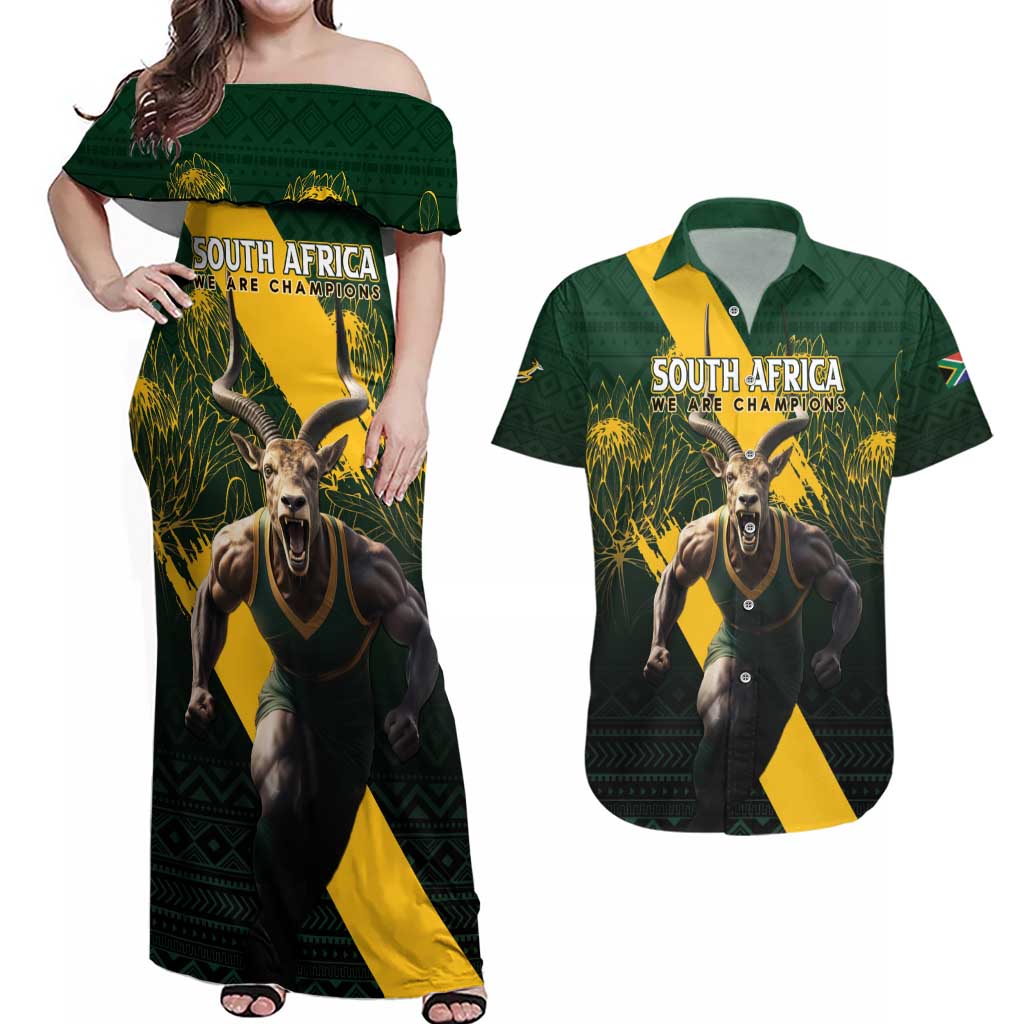 Personalised South Africa Rugby Couples Matching Off Shoulder Maxi Dress and Hawaiian Shirt Proud Bokke We Are Champions