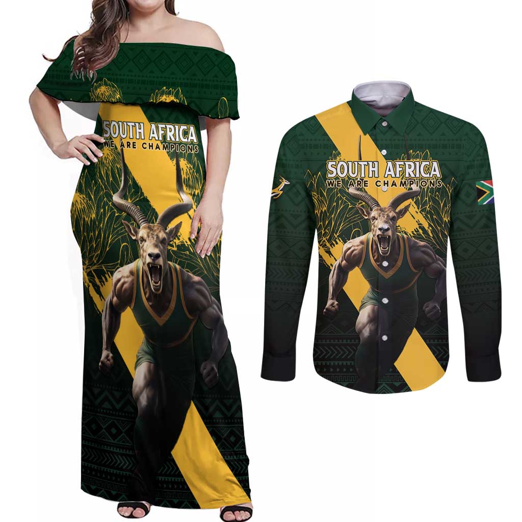 Personalised South Africa Rugby Couples Matching Off Shoulder Maxi Dress and Long Sleeve Button Shirt Proud Bokke We Are Champions