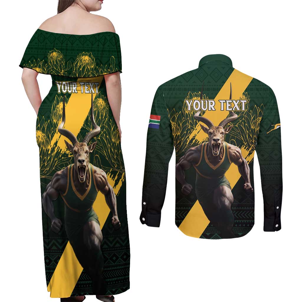 Personalised South Africa Rugby Couples Matching Off Shoulder Maxi Dress and Long Sleeve Button Shirt Proud Bokke We Are Champions
