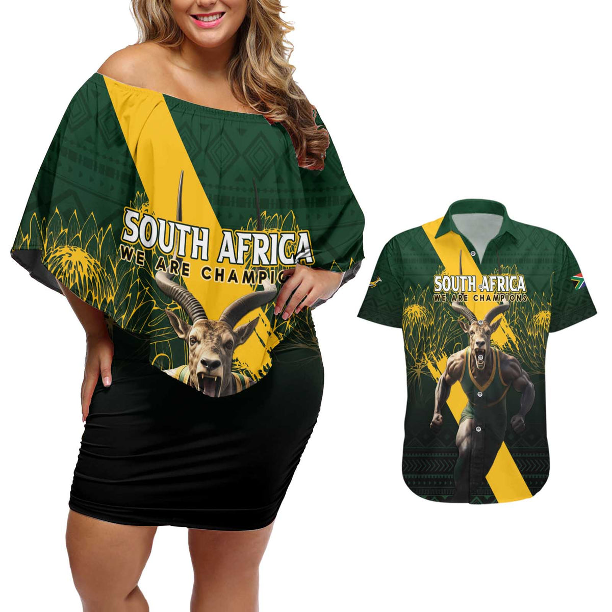 Personalised South Africa Rugby Couples Matching Off Shoulder Short Dress and Hawaiian Shirt Proud Bokke We Are Champions