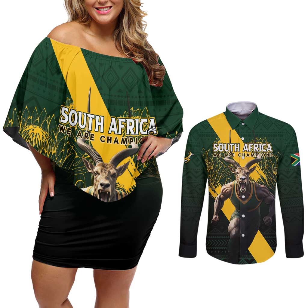 Personalised South Africa Rugby Couples Matching Off Shoulder Short Dress and Long Sleeve Button Shirt Proud Bokke We Are Champions