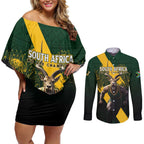 Personalised South Africa Rugby Couples Matching Off Shoulder Short Dress and Long Sleeve Button Shirt Proud Bokke We Are Champions