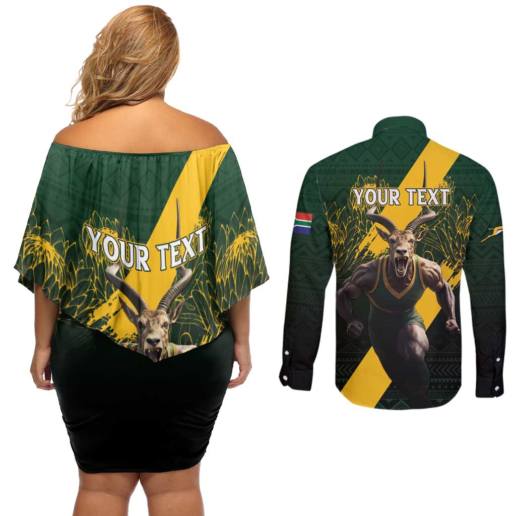 Personalised South Africa Rugby Couples Matching Off Shoulder Short Dress and Long Sleeve Button Shirt Proud Bokke We Are Champions