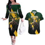 Personalised South Africa Rugby Couples Matching Off The Shoulder Long Sleeve Dress and Hawaiian Shirt Proud Bokke We Are Champions