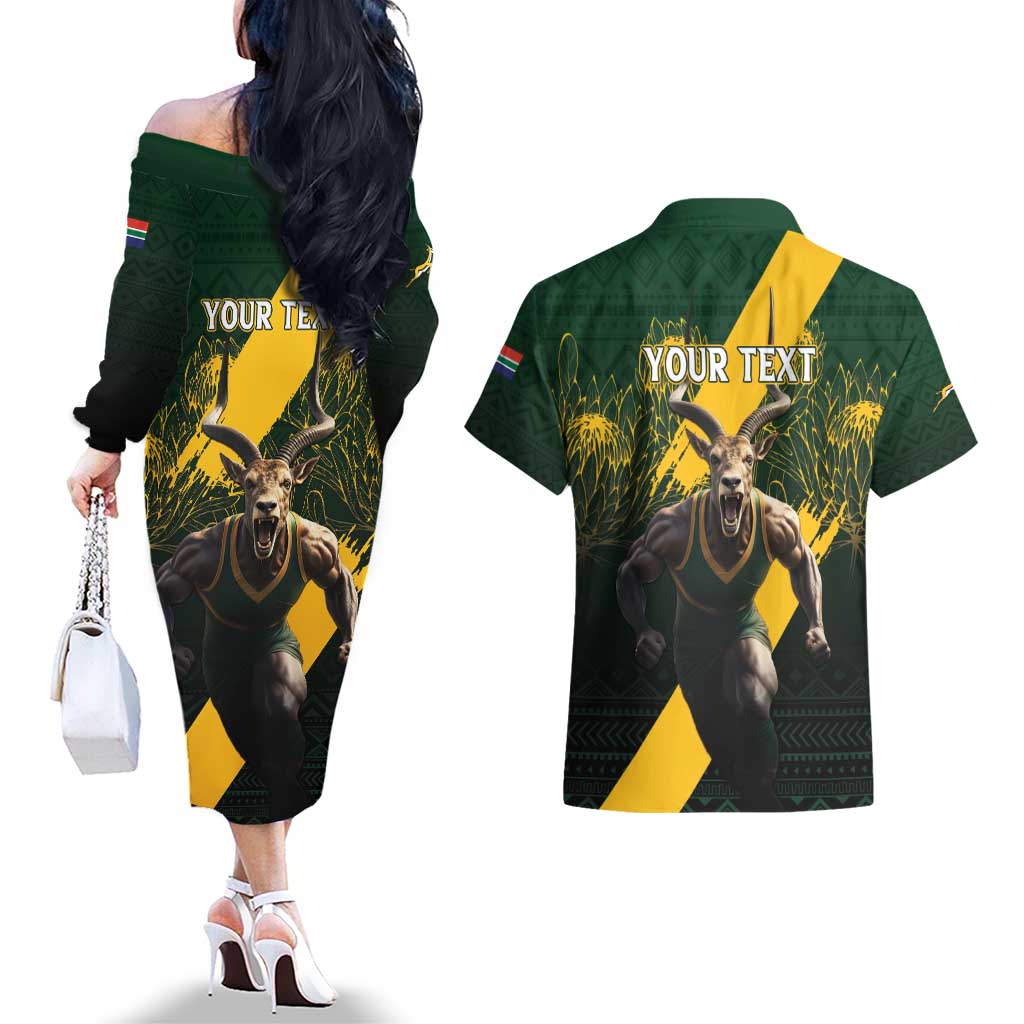 Personalised South Africa Rugby Couples Matching Off The Shoulder Long Sleeve Dress and Hawaiian Shirt Proud Bokke We Are Champions