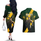 Personalised South Africa Rugby Couples Matching Off The Shoulder Long Sleeve Dress and Hawaiian Shirt Proud Bokke We Are Champions