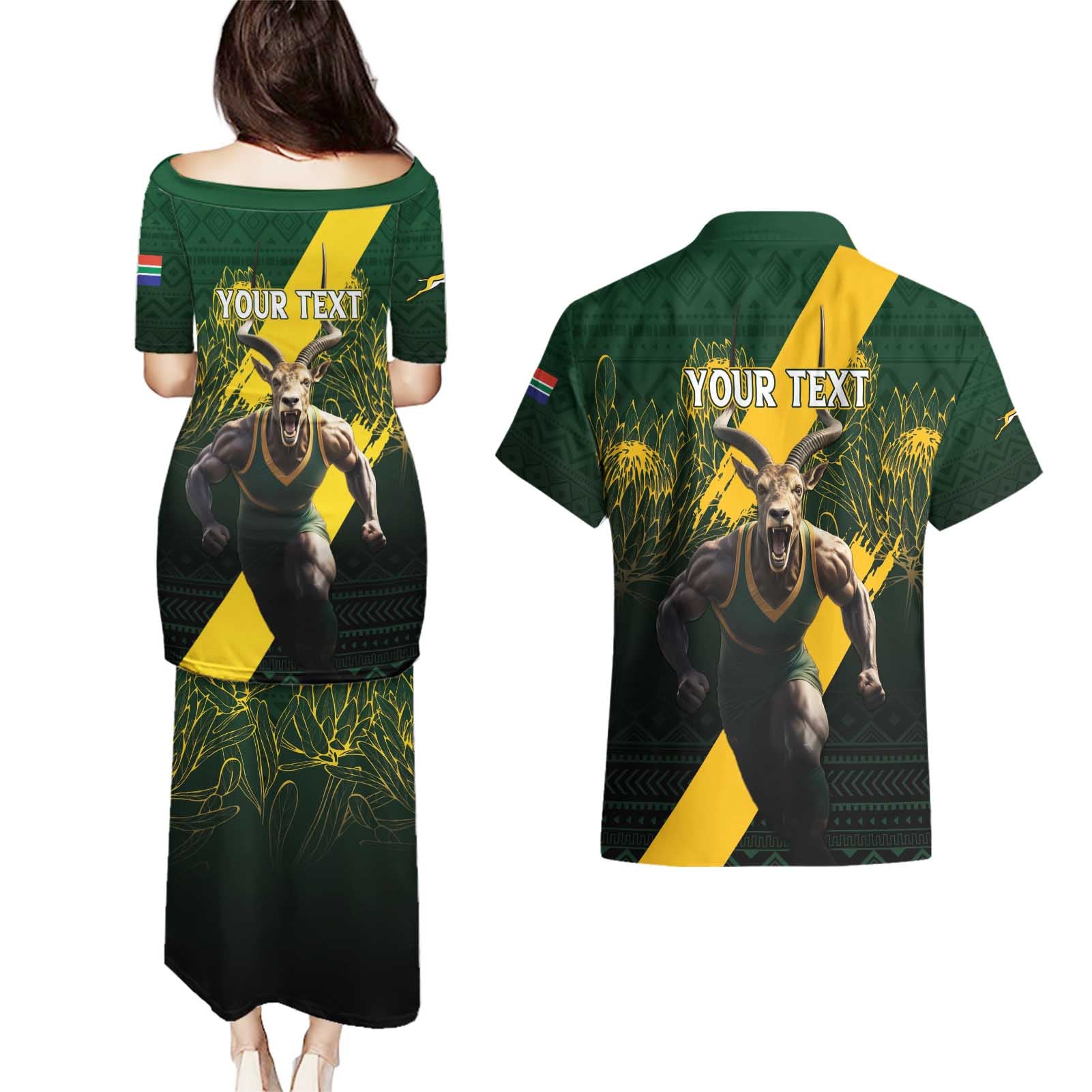 Personalised South Africa Rugby Couples Matching Puletasi and Hawaiian Shirt Proud Bokke We Are Champions