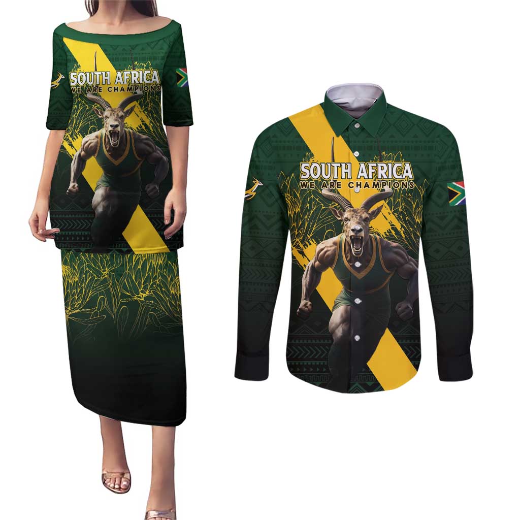 Personalised South Africa Rugby Couples Matching Puletasi and Long Sleeve Button Shirt Proud Bokke We Are Champions