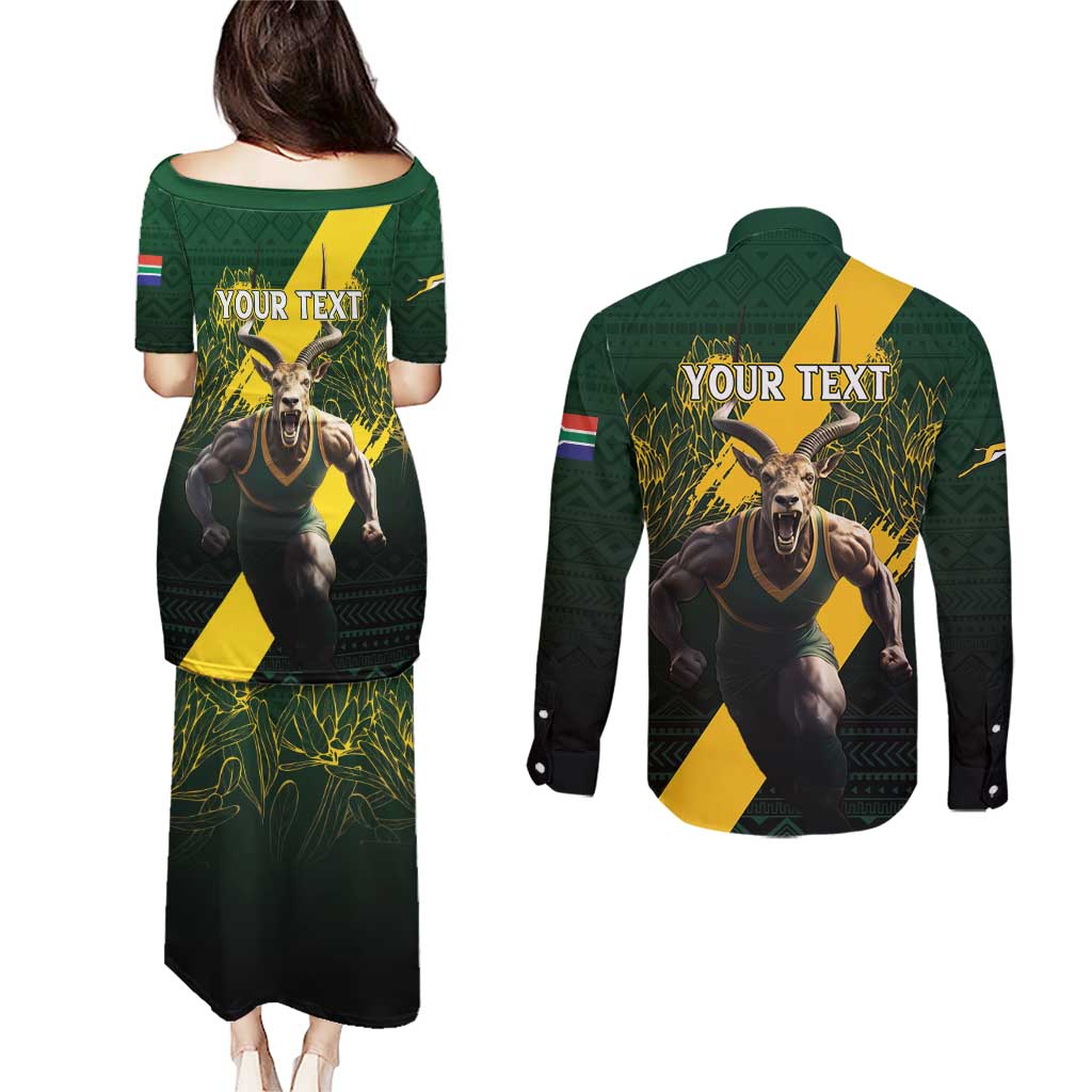 Personalised South Africa Rugby Couples Matching Puletasi and Long Sleeve Button Shirt Proud Bokke We Are Champions