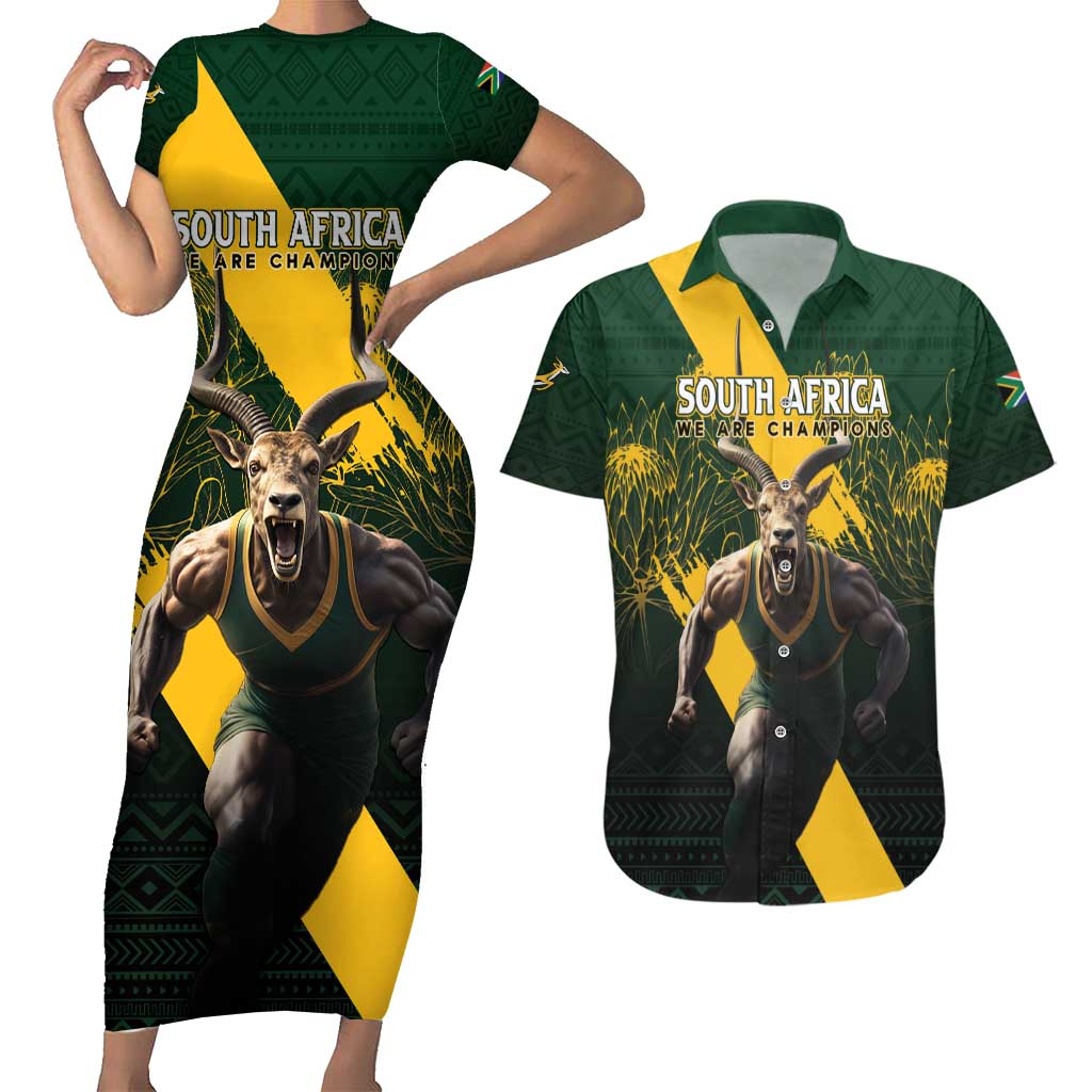 Personalised South Africa Rugby Couples Matching Short Sleeve Bodycon Dress and Hawaiian Shirt Proud Bokke We Are Champions