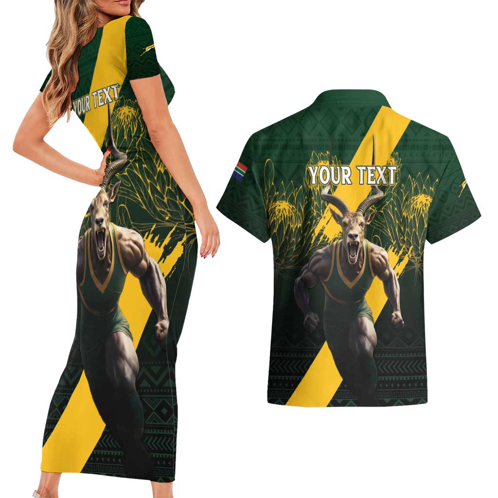 Personalised South Africa Rugby Couples Matching Short Sleeve Bodycon Dress and Hawaiian Shirt Proud Bokke We Are Champions