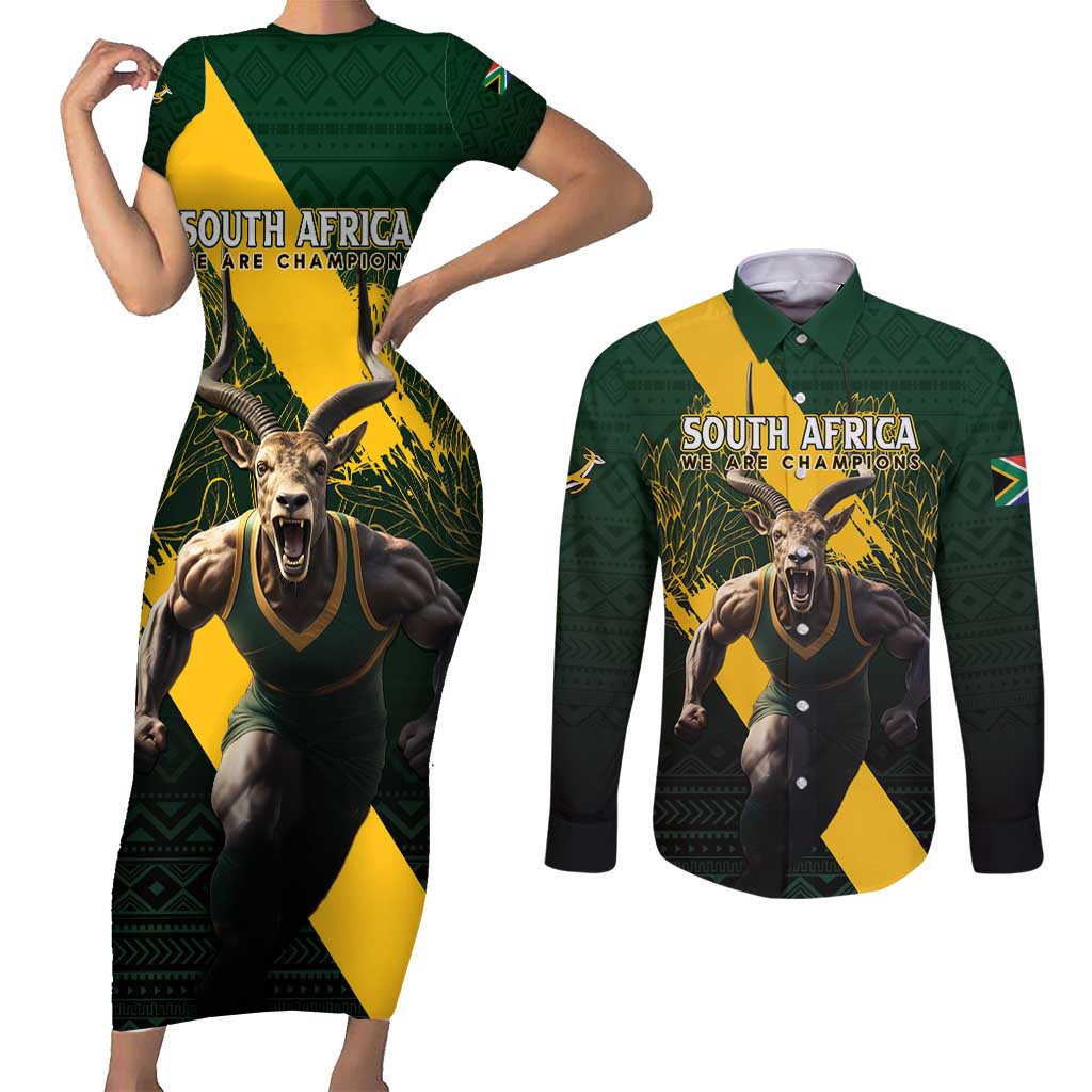 Personalised South Africa Rugby Couples Matching Short Sleeve Bodycon Dress and Long Sleeve Button Shirt Proud Bokke We Are Champions