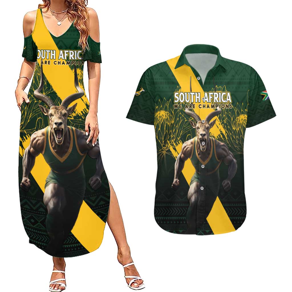 Personalised South Africa Rugby Couples Matching Summer Maxi Dress and Hawaiian Shirt Proud Bokke We Are Champions