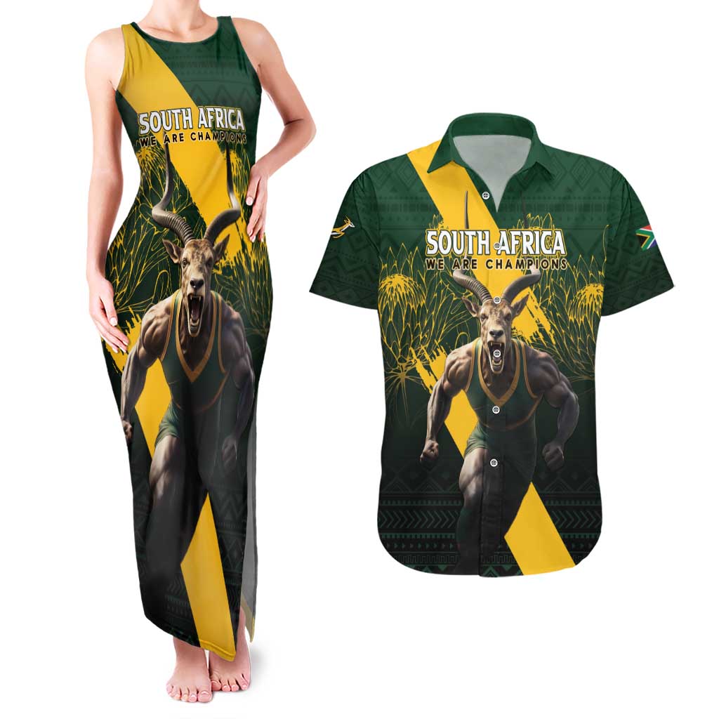 Personalised South Africa Rugby Couples Matching Tank Maxi Dress and Hawaiian Shirt Proud Bokke We Are Champions