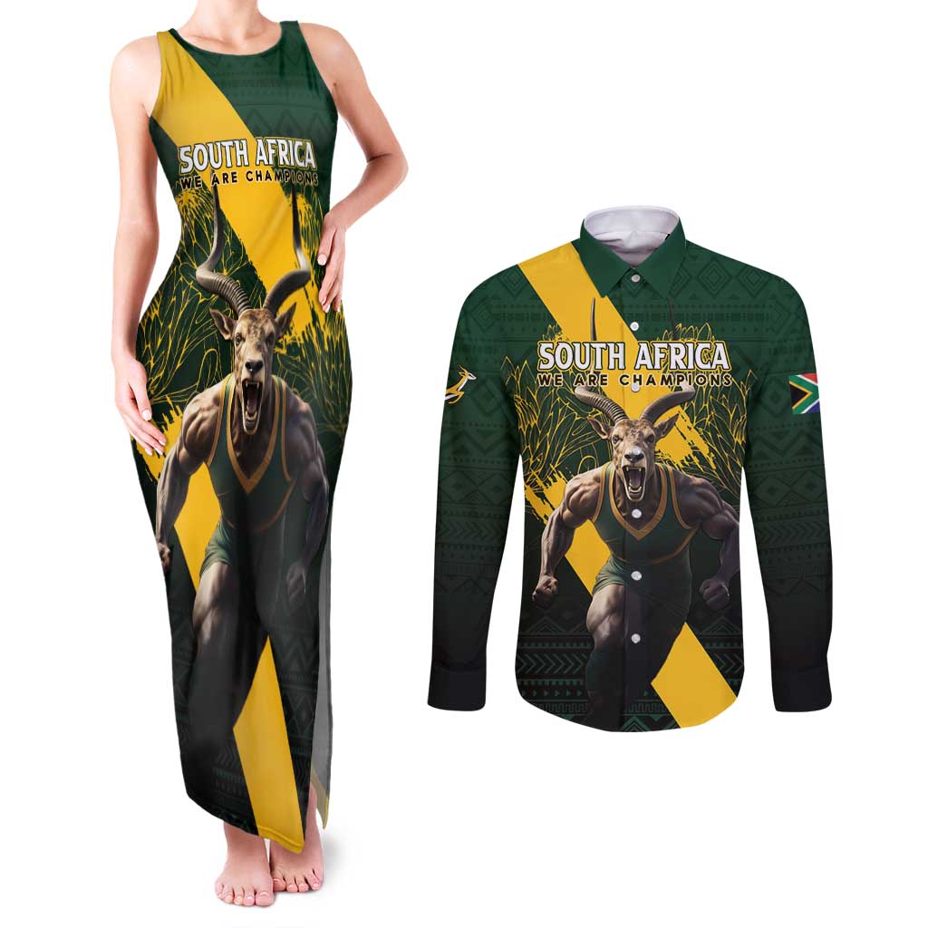 Personalised South Africa Rugby Couples Matching Tank Maxi Dress and Long Sleeve Button Shirt Proud Bokke We Are Champions