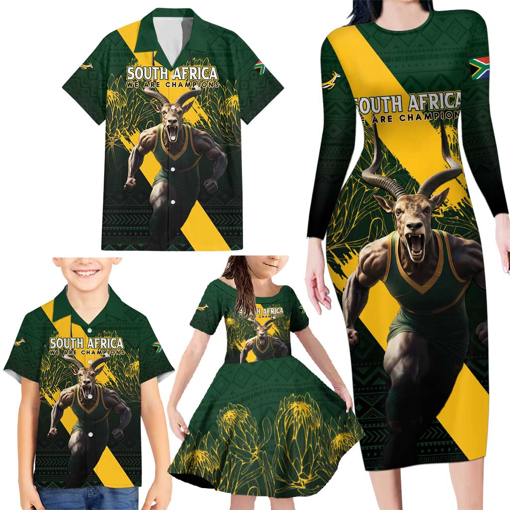 Personalised South Africa Rugby Family Matching Long Sleeve Bodycon Dress and Hawaiian Shirt Proud Bokke We Are Champions