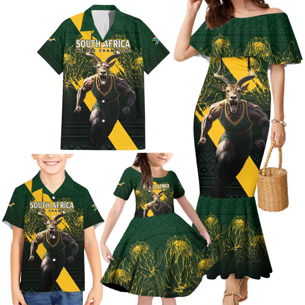 Personalised South Africa Rugby Family Matching Mermaid Dress and Hawaiian Shirt Proud Bokke We Are Champions
