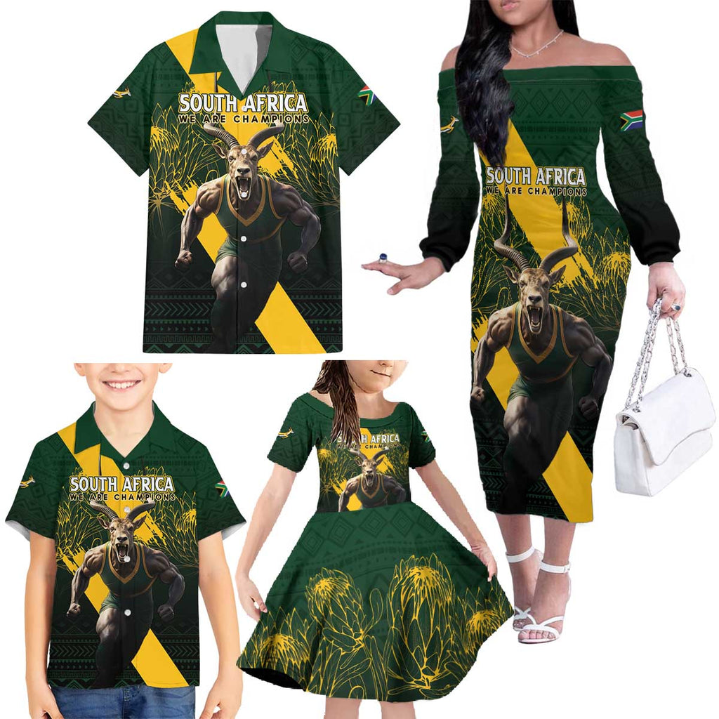 Personalised South Africa Rugby Family Matching Off The Shoulder Long Sleeve Dress and Hawaiian Shirt Proud Bokke We Are Champions