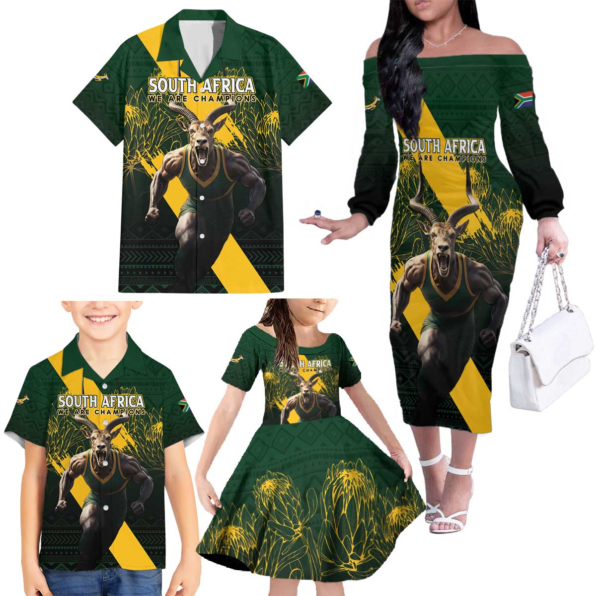 Personalised South Africa Rugby Family Matching Off The Shoulder Long Sleeve Dress and Hawaiian Shirt Proud Bokke We Are Champions