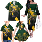 Personalised South Africa Rugby Family Matching Off The Shoulder Long Sleeve Dress and Hawaiian Shirt Proud Bokke We Are Champions