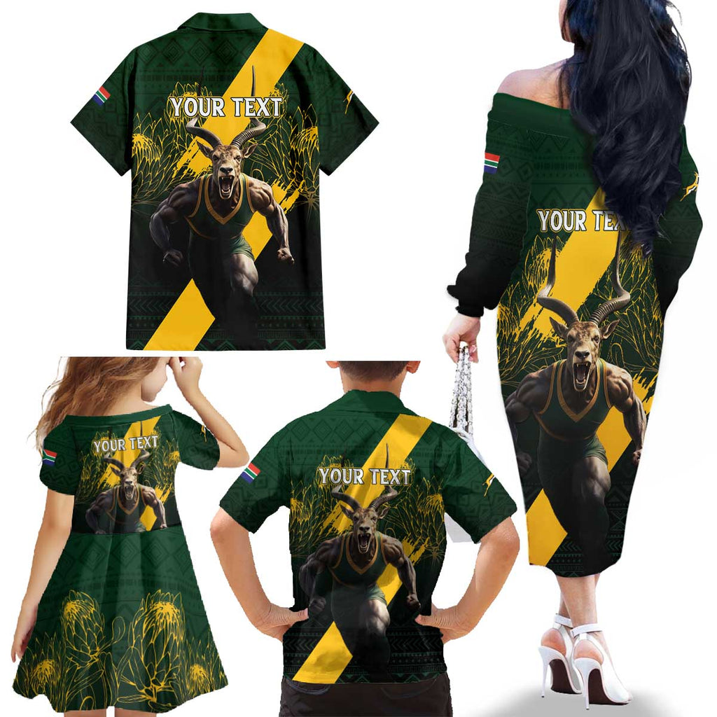 Personalised South Africa Rugby Family Matching Off The Shoulder Long Sleeve Dress and Hawaiian Shirt Proud Bokke We Are Champions
