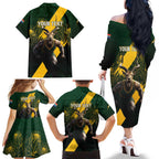 Personalised South Africa Rugby Family Matching Off The Shoulder Long Sleeve Dress and Hawaiian Shirt Proud Bokke We Are Champions