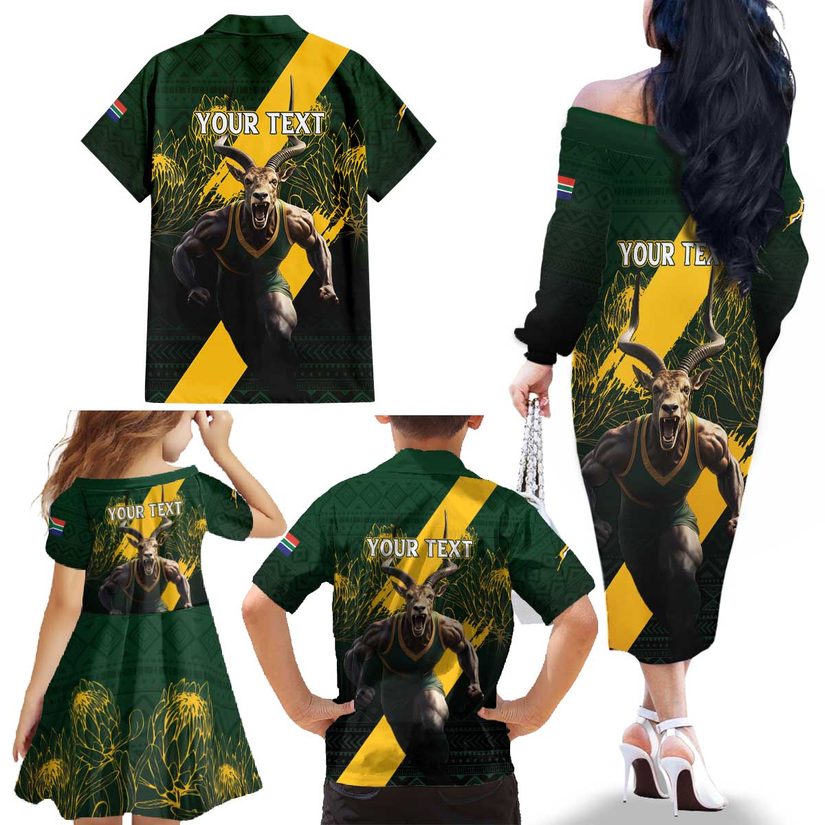 Personalised South Africa Rugby Family Matching Off The Shoulder Long Sleeve Dress and Hawaiian Shirt Proud Bokke We Are Champions