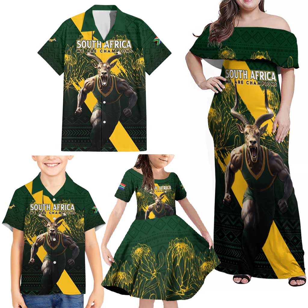 Personalised South Africa Rugby Family Matching Off Shoulder Maxi Dress and Hawaiian Shirt Proud Bokke We Are Champions