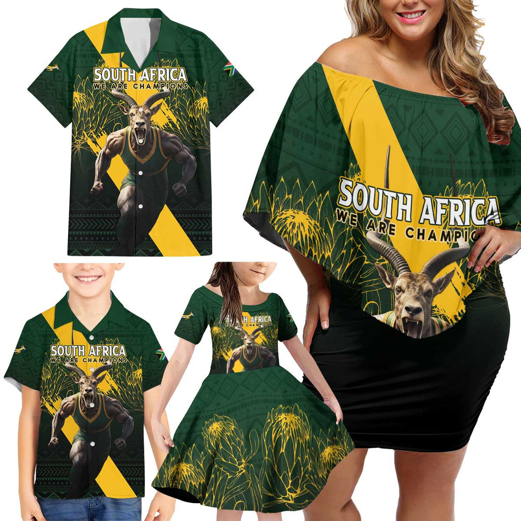 Personalised South Africa Rugby Family Matching Off Shoulder Short Dress and Hawaiian Shirt Proud Bokke We Are Champions