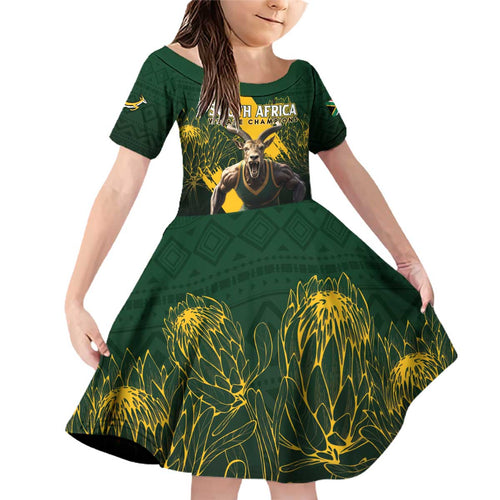 Personalised South Africa Rugby Family Matching Off Shoulder Short Dress and Hawaiian Shirt Proud Bokke We Are Champions