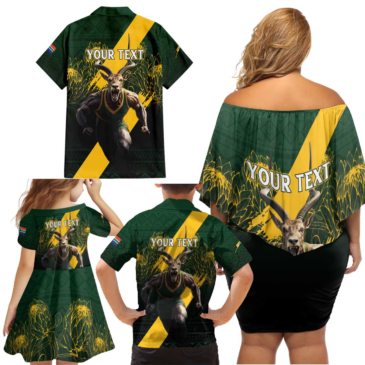 Personalised South Africa Rugby Family Matching Off Shoulder Short Dress and Hawaiian Shirt Proud Bokke We Are Champions