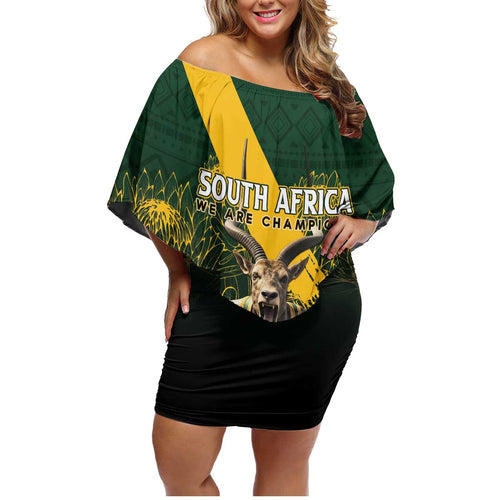 Personalised South Africa Rugby Family Matching Off Shoulder Short Dress and Hawaiian Shirt Proud Bokke We Are Champions