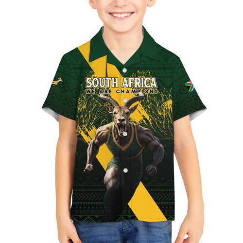 Personalised South Africa Rugby Family Matching Off Shoulder Short Dress and Hawaiian Shirt Proud Bokke We Are Champions