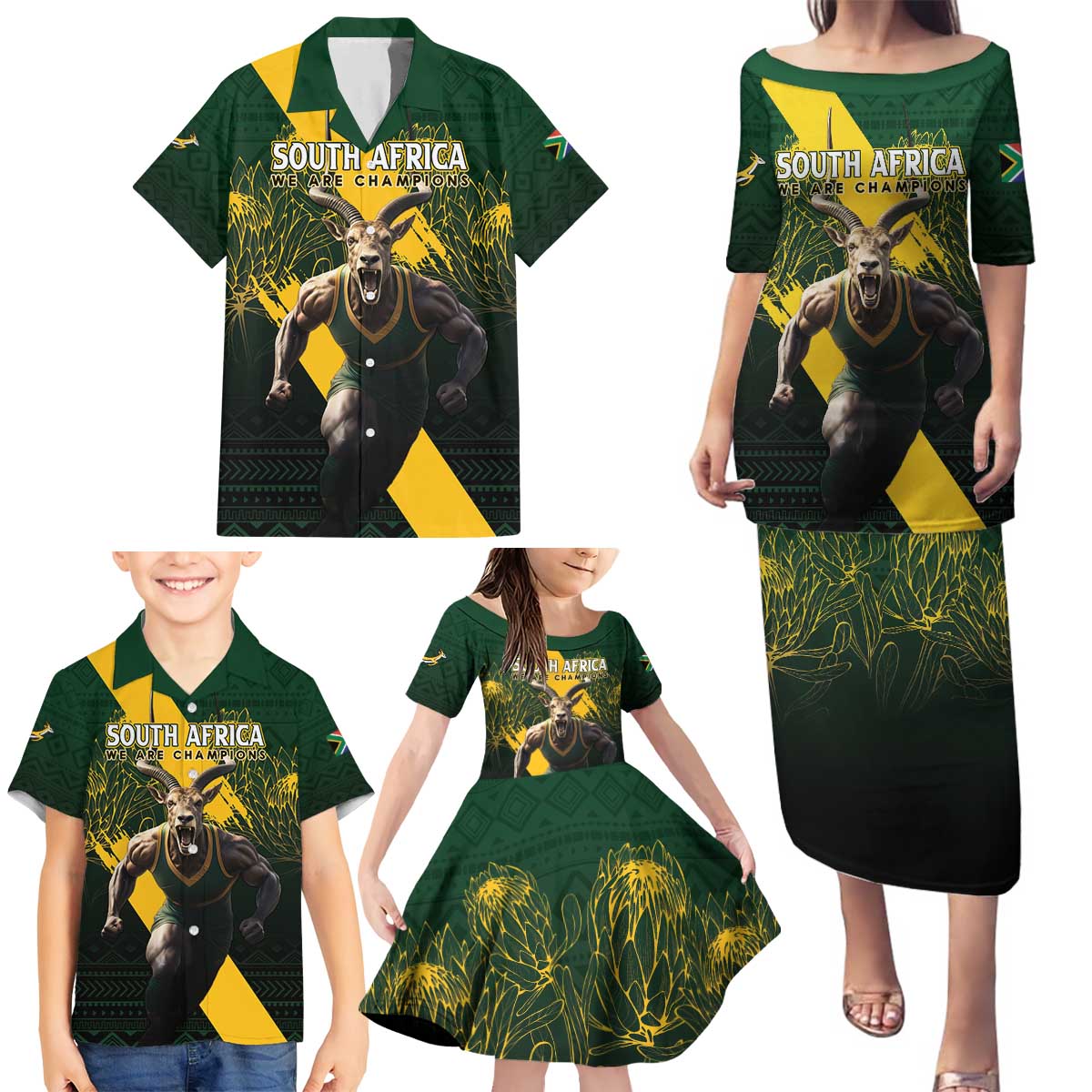 Personalised South Africa Rugby Family Matching Puletasi and Hawaiian Shirt Proud Bokke We Are Champions