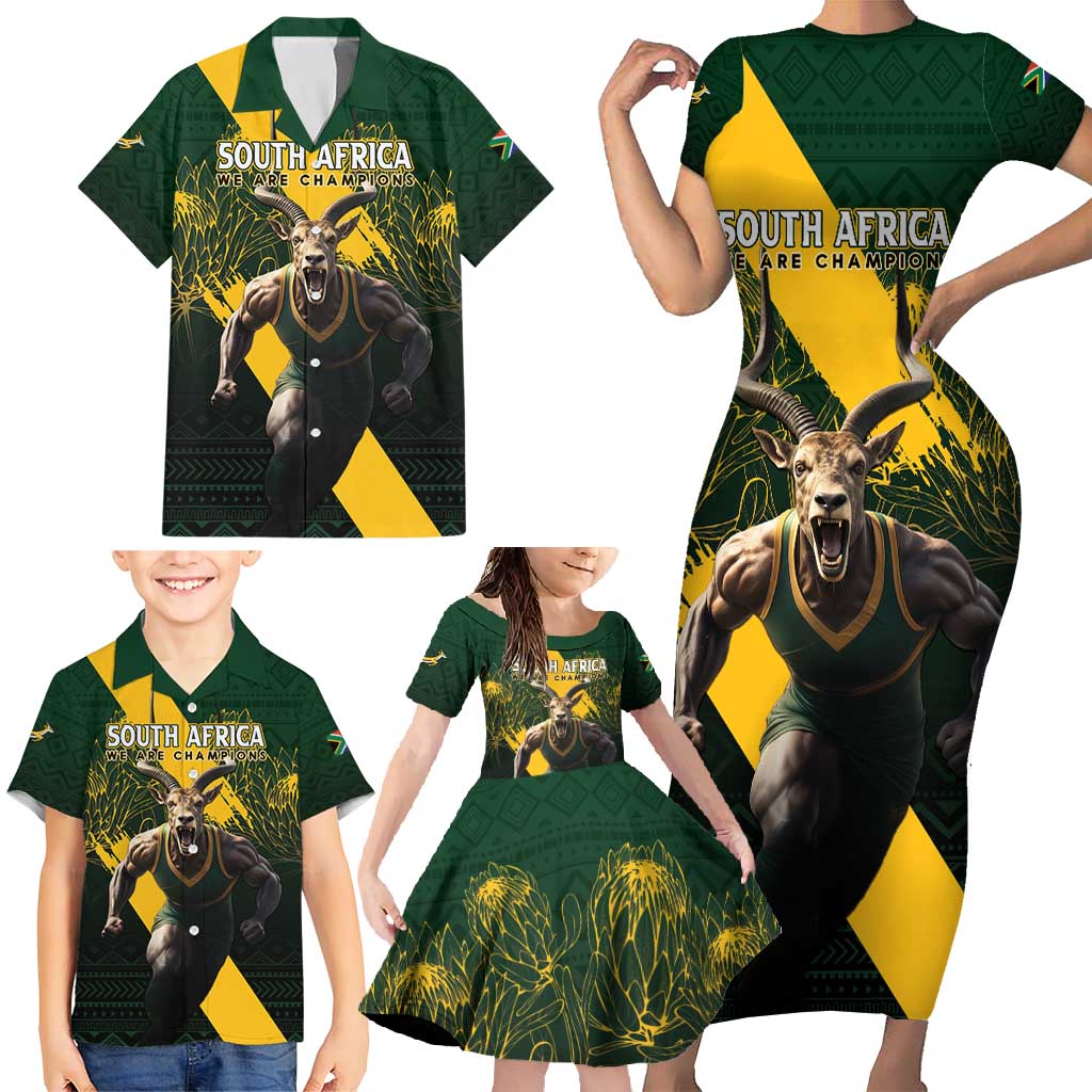 Personalised South Africa Rugby Family Matching Short Sleeve Bodycon Dress and Hawaiian Shirt Proud Bokke We Are Champions
