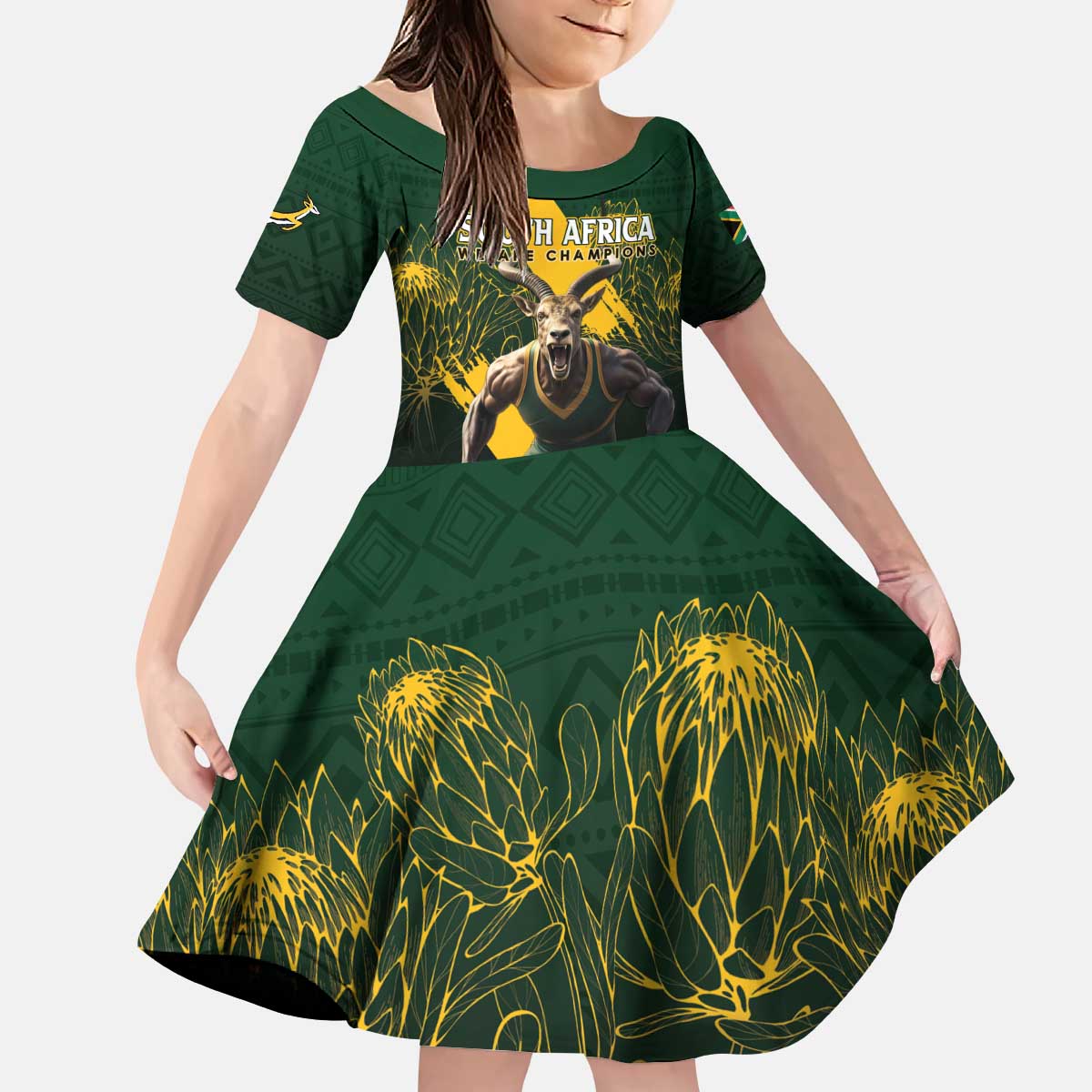 Personalised South Africa Rugby Kid Short Sleeve Dress Proud Bokke We Are Champions