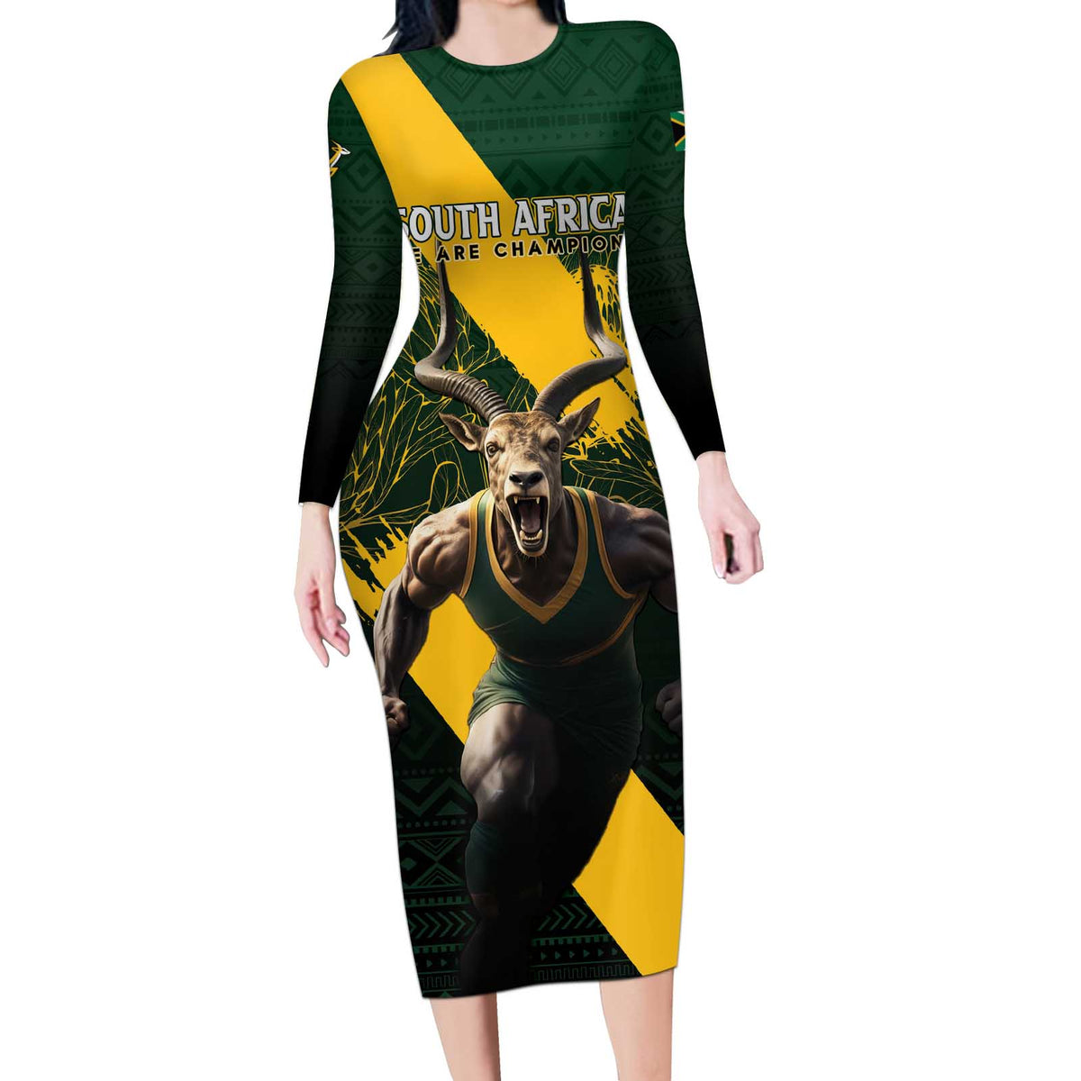 Personalised South Africa Rugby Long Sleeve Bodycon Dress Proud Bokke We Are Champions