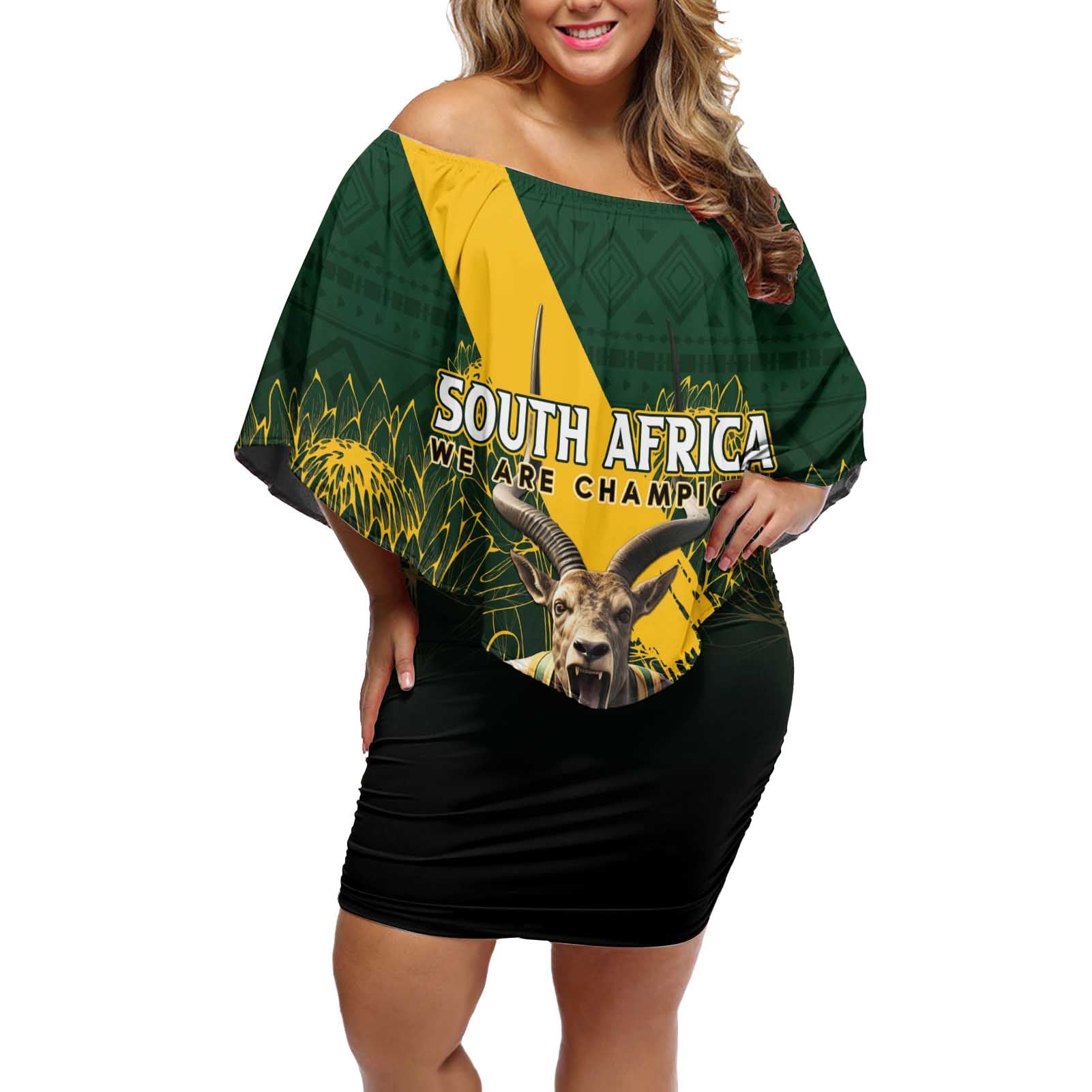 Personalised South Africa Rugby Off Shoulder Short Dress Proud Bokke We Are Champions